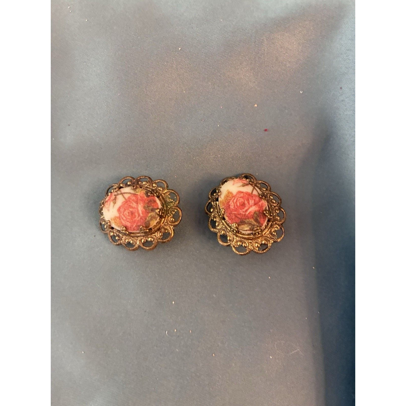 Vtg Pair Womens Clip On Earrings Vtg West Germany Brass Filigree Pink Floral 31$